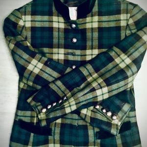 VINTAGE MONDI RUNWAY Green Tartan Plaid, Wool &  Velvet Vtg Short fitted Jacket
